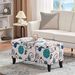 HUIMO Storage Ottoman, 35" Ottoman With Storage For Living Room, Script Printed Linen Upholstered Fabric Ottoman Foot Rest, Ottoman Bench For Bedroom End Of Bed, Entryway, Window Bench(Blue Flower)
