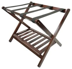 Deluxe Folding Wooden Luggage Rack With Shoe Shelf, Walnut Finish, Hotel Style