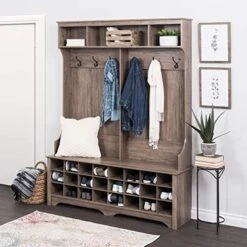 Prepac 24 Shoe Cubby Wide Hall Tree With Bench & Coat Hooks, 60" W X 77" H X 15. 5" D, Drifted Gray -Songmics Furniture Shop 51Dua6limYL. AC