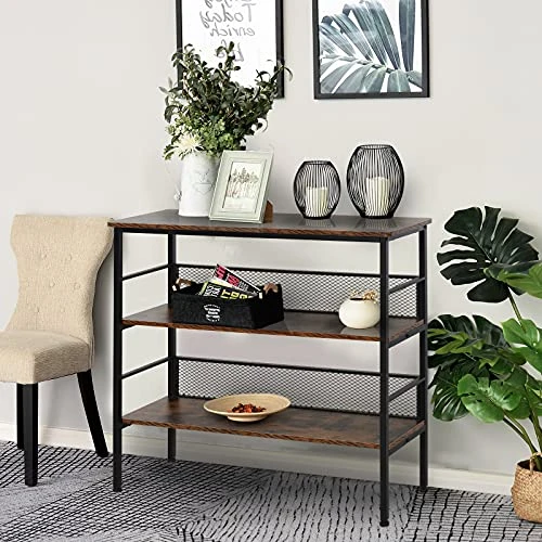 HOMCOM 3-Tier Console Table Industrial Style Storage Metal Wooden Shelf With A Robust Multi-Functional Design & Adjustable Feet, Black 2 HOMCOM 3-Tier Console Table Industrial Style Storage Metal Wooden Shelf With A Robust Multi-Functional Design & Adjustable Feet, Black - Image 2