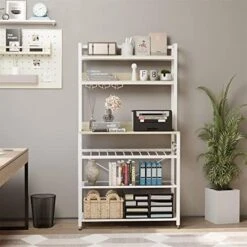 6 Tier Kitchen Bakers Rack With Wine Storage, Freestanding Kitchen Shelves With Hutch, Microwave Oven Stand, Coffee Bar Station With 4 Hooks, Wine Glass Holder, White Oak 35.5L X 13.8W X 64.7H -Songmics Furniture Shop 51DzDZ5aSgL. AC