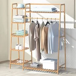 43.5" Bamboo Clothing Garment Rack Free Standing Clothes Coat Hanger Rolling Closet Organizer Shoe Rack Wardrobe Storage Hall Tree Entryway Living Bedroom Office Storage Shelves Clothes Hanging Rack