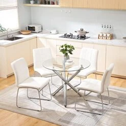 3 Pieces, Dining Tables For 2, 1 Round Glass Dining Room Table And 2 Faux Leather Kitchen Chairs, Chrome Metal Legs, Comfortable Upholstered Seat And Back, Set For Waiting Room, Living Room, Office -Songmics Furniture Shop 51E9tYcMNOL. AC 1