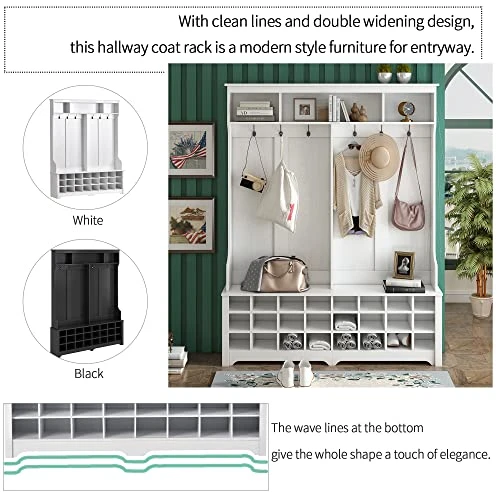 Wide Hall Tree And Shoe Storage Bench With 24 Shoe Cubbies, Wooden Hallway Coat Rack With 6 Double Hooks For Mudroom Organization Entryway Bench, White 2 Wide Hall Tree And Shoe Storage Bench With 24 Shoe Cubbies, Wooden Hallway Coat Rack With 6 Double Hooks For Mudroom Organization Entryway Bench, White - Image 2