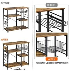 Topeakmart Kitchen Bakers Rack With Power Outlet And Wire Basket, Utility Storage Shelf Coffee Cart Station W/Storage Shelves, Kitchen Rack With 6 Hooks & Protective Adjustable Footpads, Rustic Brown -Songmics Furniture Shop 51EKvAGA3xL