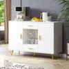 YITAHOME Buffet Cabinet, Sideboard Buffet W/Storage, Credenza W/Adjustable Shelf, Wine Glass Holder, Drawers, Modern White & Gold Dresser 300 Lbs Capacity For Living Room, Kitchen, Dining Room