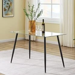 Dining Table Set For 4, Rectangle Black Glass Table And 4 Velvet Dining Room Chairs, 5 Pieces Modern Kitchen Table And Chairs Set For Home Small Space (Black Rectangle Table + 4 Light Grey Chairs) -Songmics Furniture Shop 51ENMeToVyL. AC