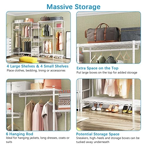 VIPEK V22S Garment Rack Heavy Duty Clothes Rack Large Portable Wardrobe Clothes Storage Organizer Closet With 6 Hang Rods & 8 Shelves - Extra Wide - 104.5" Lx16.5 Wx76.4 H, Max Load 1000lbs, White 4 VIPEK V22S Garment Rack Heavy Duty Clothes Rack Large Portable Wardrobe Clothes Storage Organizer Closet With 6 Hang Rods & 8 Shelves - Extra Wide - 104.5" Lx16.5 Wx76.4 H, Max Load 1000lbs, White - Image 4