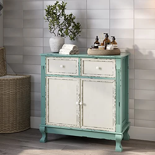 BELLEZE Rustic 32 Inch Wood Entryway Sideboard Cabinet, Antique Farmhouse Vintage Traditional Accent Storage Chest, Two Tone Living Room Decor - Abbey (Sea Foam Green) 4 BELLEZE Rustic 32 Inch Wood Entryway Sideboard Cabinet, Antique Farmhouse Vintage Traditional Accent Storage Chest, Two Tone Living Room Decor - Abbey (Sea Foam Green) - Image 4