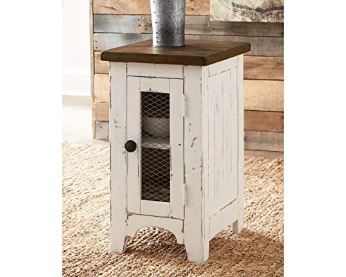 Signature Design By Ashley Wystfield Farmhouse Chair Side End Table With Cabinet Door For Storage, White & Brown With Distressed Finish 1 Signature Design By Ashley Wystfield Farmhouse Chair Side End Table With Cabinet Door For Storage, White & Brown With Distressed Finish
