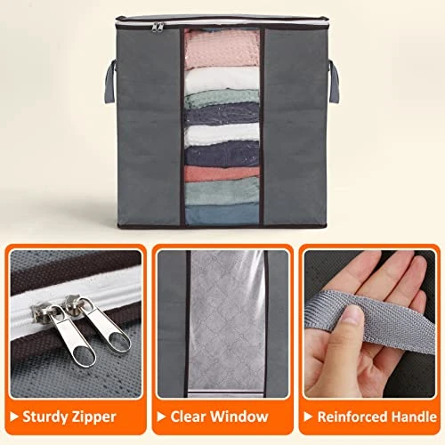 90L Large Capacity 4 Pack Clothes Storage Bag, Storage Bins For Clothes, Closet Organizers And Storage Containers For Blanket Bedding Comforter, Thick Fabric With Reinforced Handles, Zipper, Clear Window 3 90L Large Capacity 4 Pack Clothes Storage Bag, Storage Bins For Clothes, Closet Organizers And Storage Containers For Blanket Bedding Comforter, Thick Fabric With Reinforced Handles, Zipper, Clear Window - Image 3