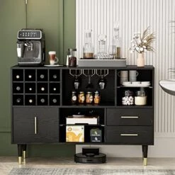 IKIFLY Accent Kitchen Buffet Sideboard With Storage, Wood Cabinet Server Cupboard With 12 Wine Bottle Rack, Stemware Holder And Drawers, Console Table For Kitchen Living Room, 47 Inch - Walnut/Black -Songmics Furniture Shop 51FFbhQZmL. AC