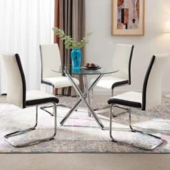 Round Dining Table With Tempered Glass Top - Modern Glass Dining Table Tea Coffee Table Office Kitchen Table Dining Room Table With Chrome Legs, 35.4 Diameter -Songmics Furniture Shop 51FJj0ee3L. AC