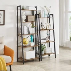 YMYNY Ladder Shelf, Industrial 5 Tier Bookshelf, Standing Bookcase, Multifunctional Open Storage Rack, Plant Stand, 23.6 X 15.5 X 67.3 Inch, Metal Frame, Rustic Brown, UHTMJ017H
