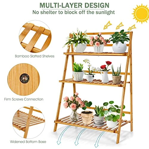 COSTWAY Bamboo Plant Stand, Foldable Multifunctional Flower Display Ladder Shelf, 3-Tier Storage Rack 4 COSTWAY Bamboo Plant Stand, Foldable Multifunctional Flower Display Ladder Shelf, 3-Tier Storage Rack - Image 4