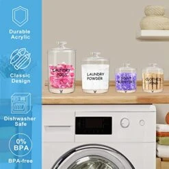 Acrylic Laundry Room Organization Jars, 4 Pcs Laundry Containers For Organizing With 2 Scoops & Labels, Clear Laundry Jars For Detergent Powder, Dryer Balls,Pods, Scent Boosters, Laundry Room Storage -Songmics Furniture Shop 51FQ5RPaRWL