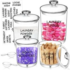 Acrylic Laundry Room Organization Jars, 4 Pcs Laundry Containers For Organizing With 2 Scoops & Labels, Clear Laundry Jars For Detergent Powder, Dryer Balls,Pods, Scent Boosters, Laundry Room Storage