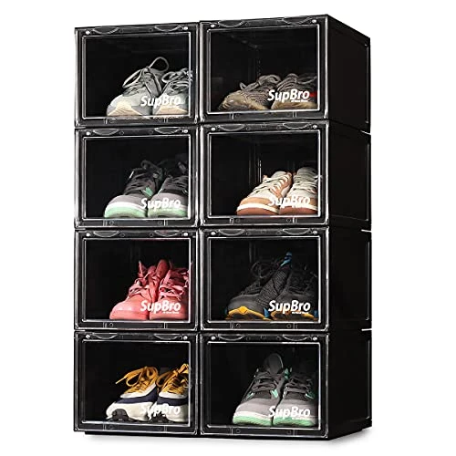 SupBro Collection Crate - Easy Access Storage Shoes Box -Plastic Foldable Stackable Sneaker Display Storage With Clear Front Door Organizer-8 Pack (Black) 2 SupBro Collection Crate - Easy Access Storage Shoes Box -Plastic Foldable Stackable Sneaker Display Storage With Clear Front Door Organizer-8 Pack (Black) - Image 2