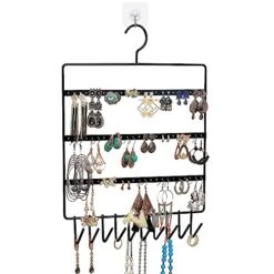 TechSrmaji Earring Organizer Rack Multipurpose Wall Hanging Metal Jewelry Hanger Organizer With 10 Hanging Hooks & 72 Holes For Earrings Suitable For Organizing Studs Necklace, Earring, Bracelets