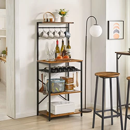 YMYNY Kitchen Baker's Rack, Microwave Oven Stand With Storage Shelves, Industrial Coffee Bar Station, With Adjustable Wine Holders And S-Hooks, Metal Frame, Rustic Brown, 56.3 * 15.7 * 23.2", UHBR001H 2 YMYNY Kitchen Baker's Rack, Microwave Oven Stand With Storage Shelves, Industrial Coffee Bar Station, With Adjustable Wine Holders And S-Hooks, Metal Frame, Rustic Brown, 56.3 * 15.7 * 23.2", UHBR001H - Image 2