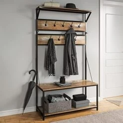BELLEZE Modern Industrial Bench Hall Tree, Entryway Storage Bench Shoe Rack, Hat And Coat Stand Accent Furniture With Black Metal Frame - Lexie (Rustic Oak) -Songmics Furniture Shop 51FxijCXuBL. AC