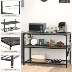 Homieasy Kitchen Island With Wine Glass Holder, Industrial Wood And Metal Coffee Bar Wine Rack Table, 3 Tier Spacious Kitchen Prep Table Extended Counter With Hooks Easy To Assemble, Black Oak -Songmics Furniture Shop 51FyZ9RjQPL