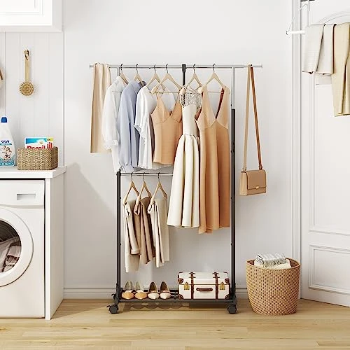 Tajsoon Clothes Rack,Heavy Duty Double Rods Clothes Hanging Rack,Commercial Clothing Storage Display,Adjustable Standard Rolling Garment Rack With Wheels,Clothing Rack,Chrome 3 Tajsoon Clothes Rack,Heavy Duty Double Rods Clothes Hanging Rack,Commercial Clothing Storage Display,Adjustable Standard Rolling Garment Rack With Wheels,Clothing Rack,Chrome - Image 3