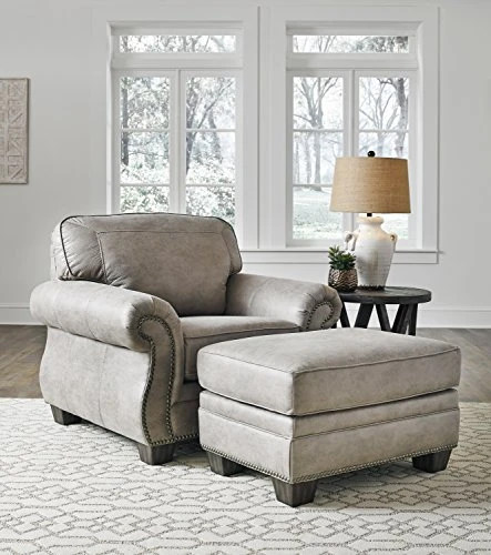 Signature Design By Ashley Olsberg Faux Leather Loveseat With Nailhead Trim And 2 Accent Pillows, Gray & Olsberg Faux Leather Ottoman With Nailhead Trim, Gray 4 Signature Design By Ashley Olsberg Faux Leather Loveseat With Nailhead Trim And 2 Accent Pillows, Gray & Olsberg Faux Leather Ottoman With Nailhead Trim, Gray - Image 4