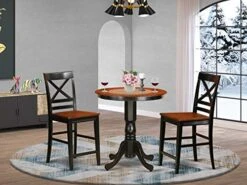 East West Furniture EDQU3-BLK-W 3 Piece Kitchen Counter Height Dining Table Set Contains A Round Wooden Table With Pedestal And 2 Dining Chairs, 30x30 Inch, Black & Cherry