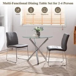 3 Pieces, Dining Tables For 2, 1 Round Glass Dining Room Table And 2 Faux Leather Kitchen Chairs, Chrome Metal Legs, Comfortable Upholstered Seat And Back, Set For Waiting Room, Living Room, Office -Songmics Furniture Shop 51G8wIYfMdL