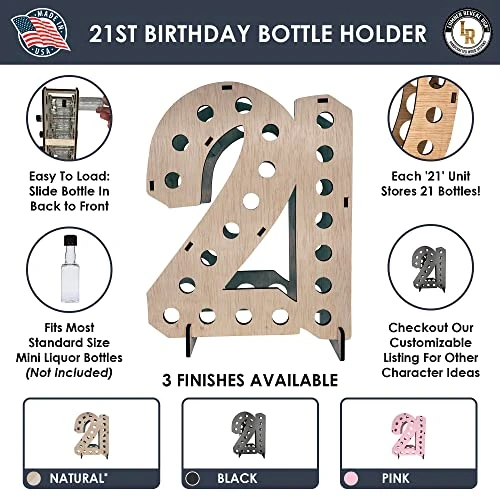 Mini Liquor Bottle Display Shelf For 21st Birthday Decorations For Her Or Him | Available In Three Colors | Made In USA | 21 Black 2 Mini Liquor Bottle Display Shelf For 21st Birthday Decorations For Her Or Him | Available In Three Colors | Made In USA | 21 Black - Image 2