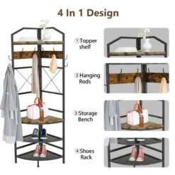 AWQM Corner Hall Tree With Bench And Shoe Storage Coat Rack Shoe Bench With 6 Double Hooks For Home Office Bedroom, Rustic Brown -Songmics Furniture Shop 51GBgJgnPJL