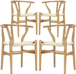 Wishbone Chair - Wooden Dining Chair - Mid Century Style - Inspired By Hans Wegner (4, Beech & Natural Seat)