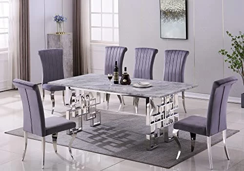 Goderfuu Marble Dining Room Table - 63 Inch Modern Dining Table With Silver Stainless Steel Base, Rectangle Dining Table For 6, Gray White Dining Table With Marble Top And Polished High Gloss Frame 2 Goderfuu Marble Dining Room Table - 63 Inch Modern Dining Table With Silver Stainless Steel Base, Rectangle Dining Table For 6, Gray White Dining Table With Marble Top And Polished High Gloss Frame - Image 2
