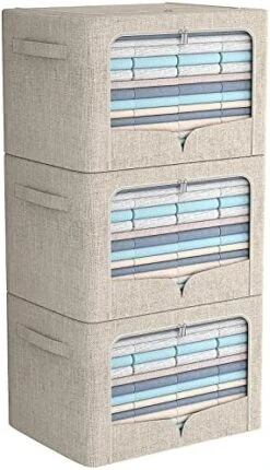 3 Pack Clothes Storage Bins - Foldable Metal Frame Storage Box - Stackable Linen Fabric Organizer Set With Carrying Handles And Clear Window (Beige, 19.7x15.7x12.6inch(66L)) -Songmics Furniture Shop 51GMlKxIeL. AC