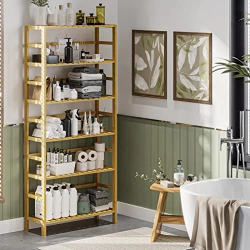 VIAGDO Bamboo Bathroom Shelf, 6-Tier Adjustable Tall Bookshelf, Multifunctional Storage Rack Freestanding Shelving Unit For Bathroom, Living Room, Bedroom, Kitchen, Laundry Room 2 VIAGDO Bamboo Bathroom Shelf, 6-Tier Adjustable Tall Bookshelf, Multifunctional Storage Rack Freestanding Shelving Unit For Bathroom, Living Room, Bedroom, Kitchen, Laundry Room - Image 2