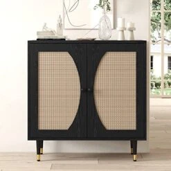 Black Buffet Sideboard Cabinet, Sideboards And Buffets With Natural Rattan Doors, Modern Entryway Console Table With Storage, Accent Storage Cabinet With Adjustable Shelves For Living Dining Room