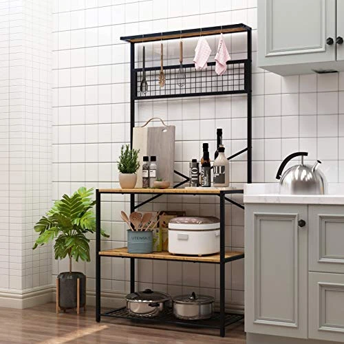 SogesPower Kitchen Baker's Rack 4-Tier Microwave Oven Stand Storage Shelf, 5 Hooks Outdoor Organizer Coffee Workstation Black 2 SogesPower Kitchen Baker's Rack 4-Tier Microwave Oven Stand Storage Shelf, 5 Hooks Outdoor Organizer Coffee Workstation Black - Image 2