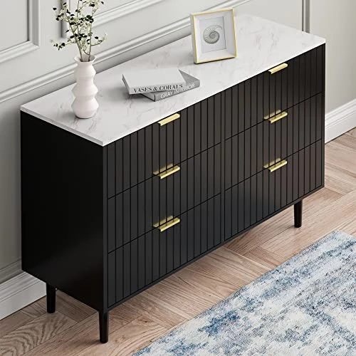 ANBUY Black 6 Drawer Double Dresser For Bedroom, Dual Chest Of Drawers Modern Dresser For Bedroom With Gold Handles Imitation Marble Texture (Black) 2 ANBUY Black 6 Drawer Double Dresser For Bedroom, Dual Chest Of Drawers Modern Dresser For Bedroom With Gold Handles Imitation Marble Texture (Black) - Image 2