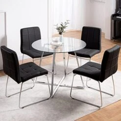 5 Pieces Dining Table And Chairs Set - Modern Round Dining Room Table With 4 Leather Chairs - Tempered Glass Table Top And Chrome Legs Kitchen Table Set For Small Space - White -Songmics Furniture Shop 51Gm6AxT31L. AC