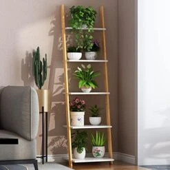 FekCits Ladder Bookshelf, 5 Tier Bamboo Leaning Ladder Shelf, Freestanding Plant Flower Stand Corner Display Bookcase For Living Room, Kitchen, Office, Balcony -Songmics Furniture Shop 51GrT0w24sL