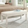 24KF Upholstered Linen Bed Bench With Nail Head Trim,Padded Tufted Bench -Ivory