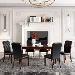 LEEMTORIG Dining Table Sets For 6, 7 Piece Kitchen Table And Chairs Set For 6 Person, Include Table And 6 PU Leather Dining Room Chairs For Home Kitchen/Dining Room/Living Room, Walnut & Black