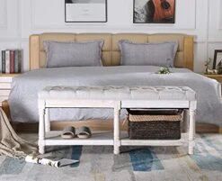 Chairus Shoe Rack Bench Storage Vintage Bedroom Padded Bench Seat End Of Bed, Fabric Tufted Farmhouse French Entryway Bench With Wood Legs For Hallway Foyer, Beige -Songmics Furniture Shop 51HFeVXg0dL