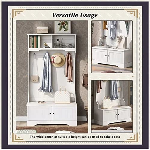 Hall Tree, 3-in-1 Hallway Coat Rack With Shelves Cabinet, Four Hooks, Entryway Bench, Modern Storage Bench Multi-use Hall Tree With Two Open Shelves For Living Room Hallway Bedroom, White 3 Hall Tree, 3-in-1 Hallway Coat Rack With Shelves Cabinet, Four Hooks, Entryway Bench, Modern Storage Bench Multi-use Hall Tree With Two Open Shelves For Living Room Hallway Bedroom, White - Image 3