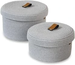 DENJA & CO Round Baskets With Lids - Set Of 2 Decorative Baskets With Lids For Organizing - Cotton Rope Lidded Baskets With Genuine Leather Tabs - Storage Baskets With Lids -Songmics Furniture Shop 51HXlvcnyJL. AC