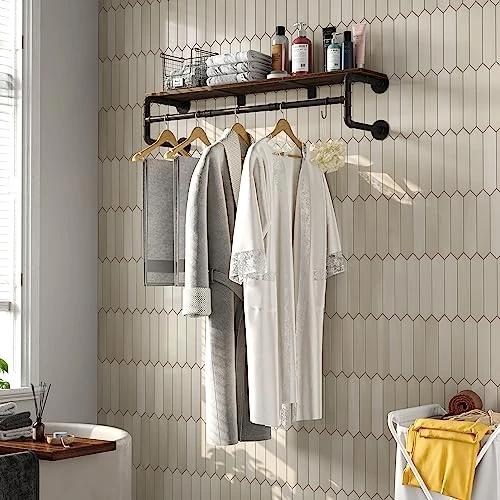 Crehomfy Industrial Pipe Clothes Rack With Top Shelf And 3 Hooks, 41''L Wall Mounted Garment Rack, Heavy Duty Iron Garment Bar, Clothes Hanging Rod Bar, 4 Base Max Load 135Lb Black 4 Crehomfy Industrial Pipe Clothes Rack With Top Shelf And 3 Hooks, 41''L Wall Mounted Garment Rack, Heavy Duty Iron Garment Bar, Clothes Hanging Rod Bar, 4 Base Max Load 135Lb Black - Image 4