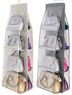 AARAINBOW 2 Packs Hanging Handbag Purse Organizer, Purse Bag Organizer Hanging Bag Organizer For Closet Rack 8 Pockets Wardrobe Closet Space Saving For Purses, 46L*13.5W (D, D Gray Beige)