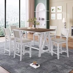 Merax Dining Table Set For 6, Wood Counter Height With Upholstered Chairs And Bench, Farmhouse Style Suitable For Family Gatherings, 59" X 35.4", White -Songmics Furniture Shop 51HvuoyDLyL. AC