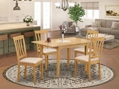 East West Furniture NOAN5-OAK-C 5-Piece Kitchen Dining Room Set - 4 Dining Room Chairs With Slatted Back And Linen Fabric Seat - A Dining Room Table With Rectangular Top (Oak Finish)